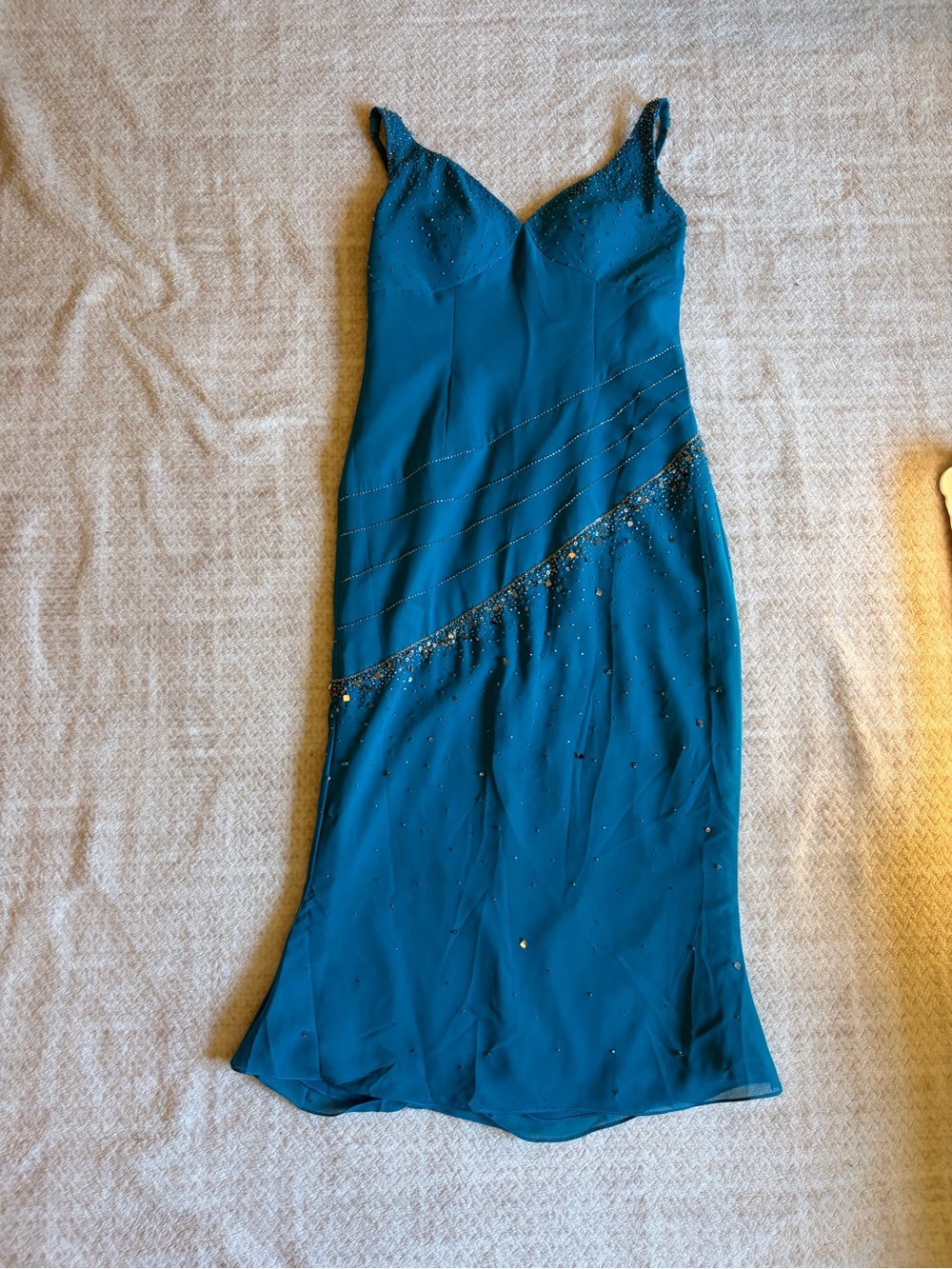 Vintage Y2K Teal Beaded Formal Dress Size 12 Prom Pageant Slip Dress